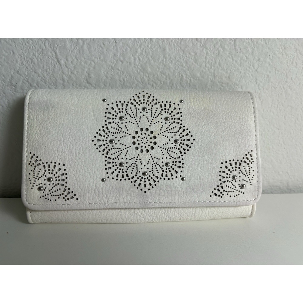 Jessica Simpson White Faux Leather Laser Cut Studded Clutch Wallet Boho